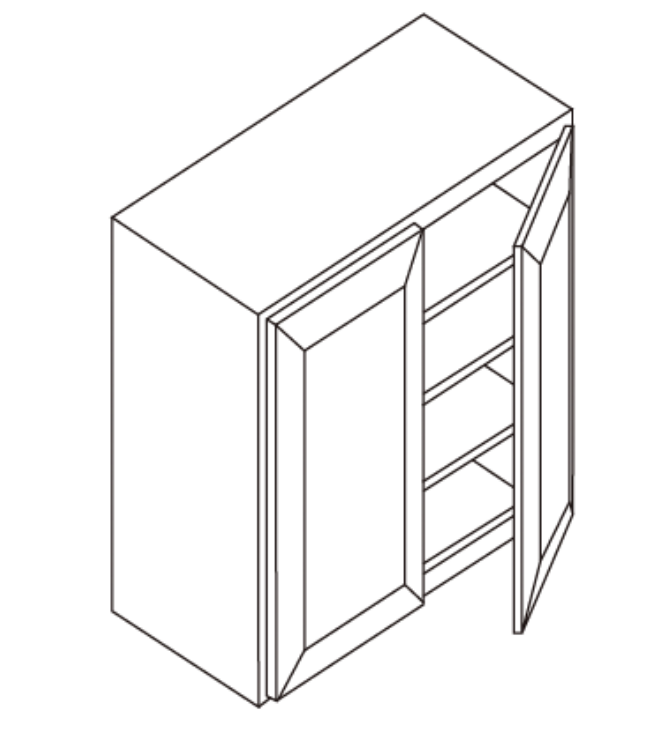 Line drawing of a three-door cabinet with open middle door.